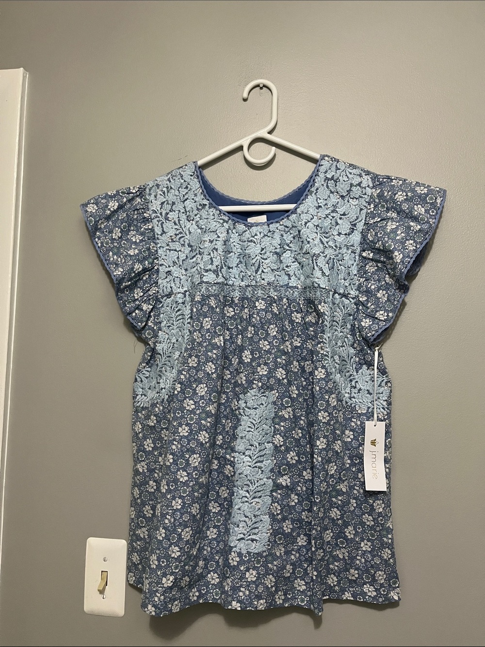 J.Marie Blue Floral Embroidered Flutter Sleeve Top